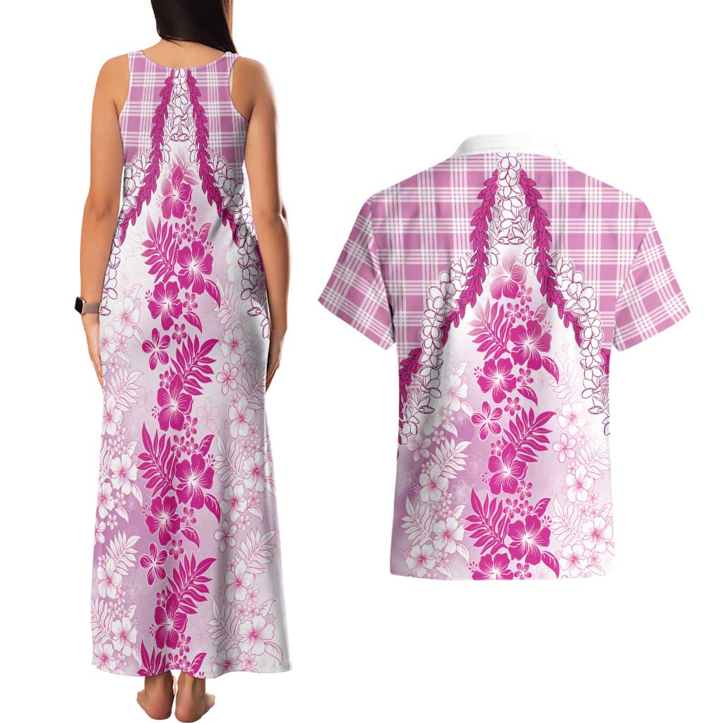 Aloha Hawaii Palaka Couples Matching Tank Maxi Dress and Hawaiian Shirt Pink Plumeria Lei LT05 - Polynesian Pride