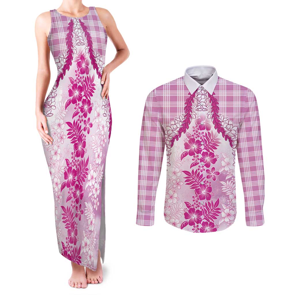Aloha Hawaii Palaka Couples Matching Tank Maxi Dress and Long Sleeve Button Shirt Pink Plumeria Lei LT05 Pink - Polynesian Pride