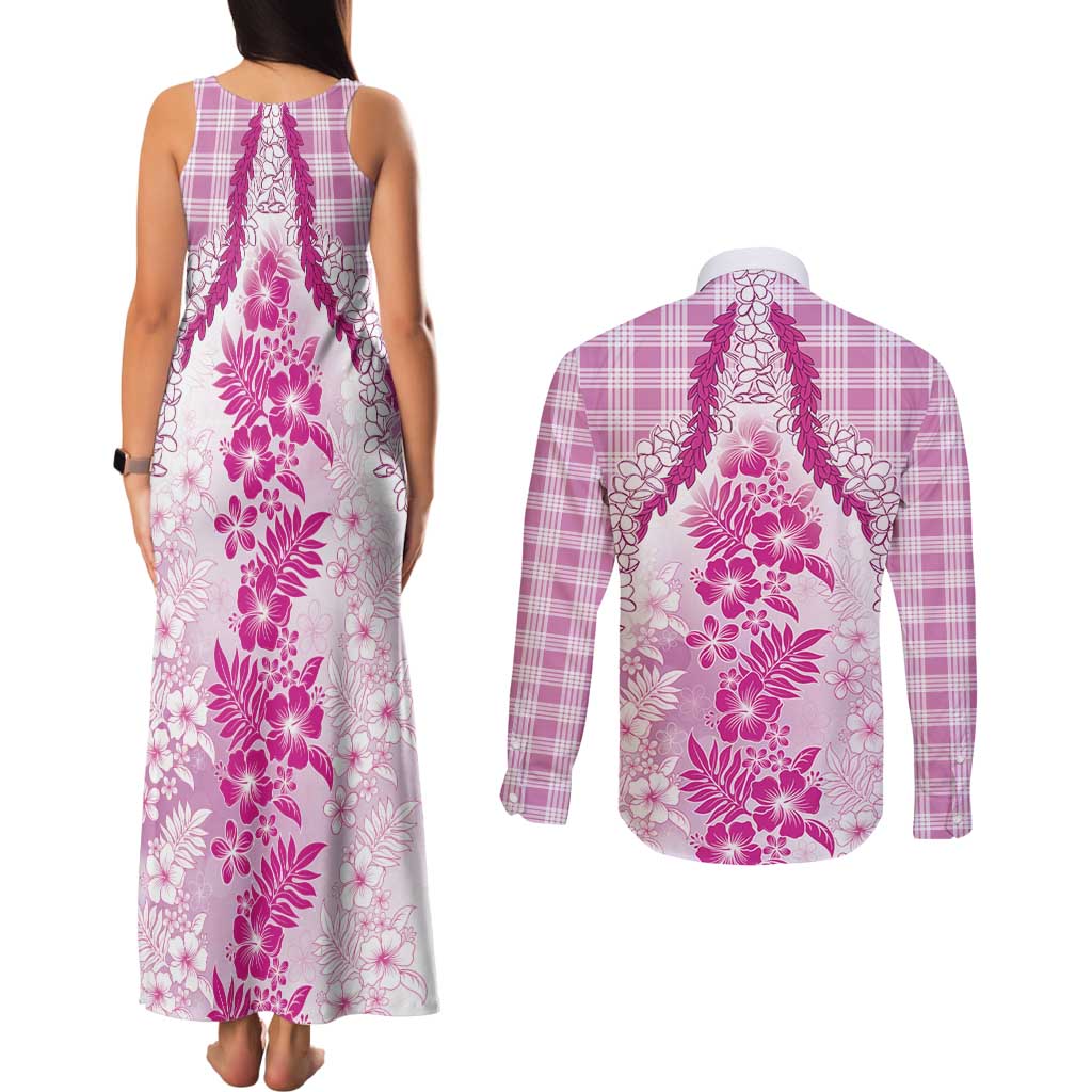 Aloha Hawaii Palaka Couples Matching Tank Maxi Dress and Long Sleeve Button Shirt Pink Plumeria Lei LT05 - Polynesian Pride