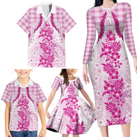 Aloha Hawaii Palaka Family Matching Long Sleeve Bodycon Dress and Hawaiian Shirt Pink Plumeria Lei LT05 - Polynesian Pride