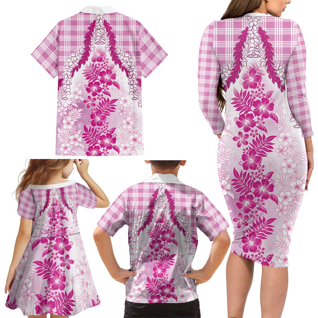 Aloha Hawaii Palaka Family Matching Long Sleeve Bodycon Dress and Hawaiian Shirt Pink Plumeria Lei LT05 - Polynesian Pride