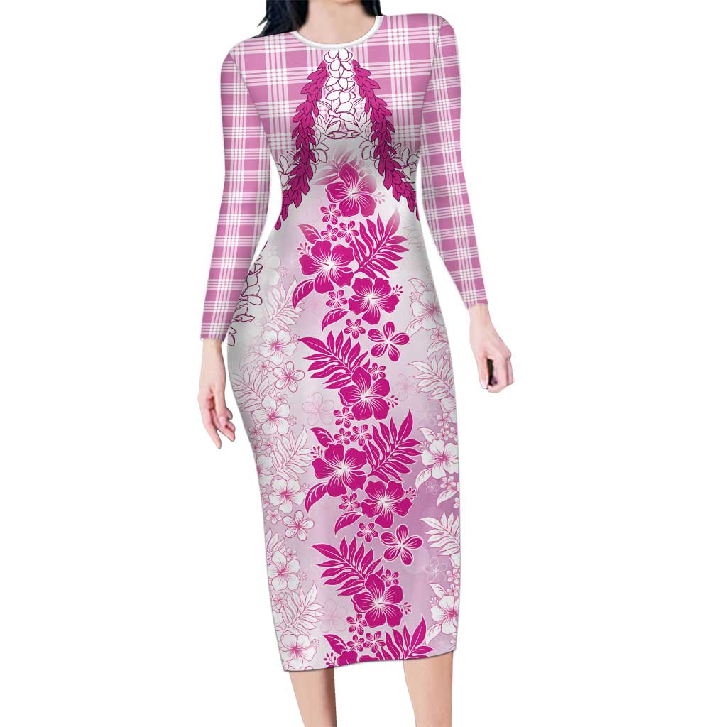 Aloha Hawaii Palaka Family Matching Long Sleeve Bodycon Dress and Hawaiian Shirt Pink Plumeria Lei LT05 Mom's Dress Pink - Polynesian Pride