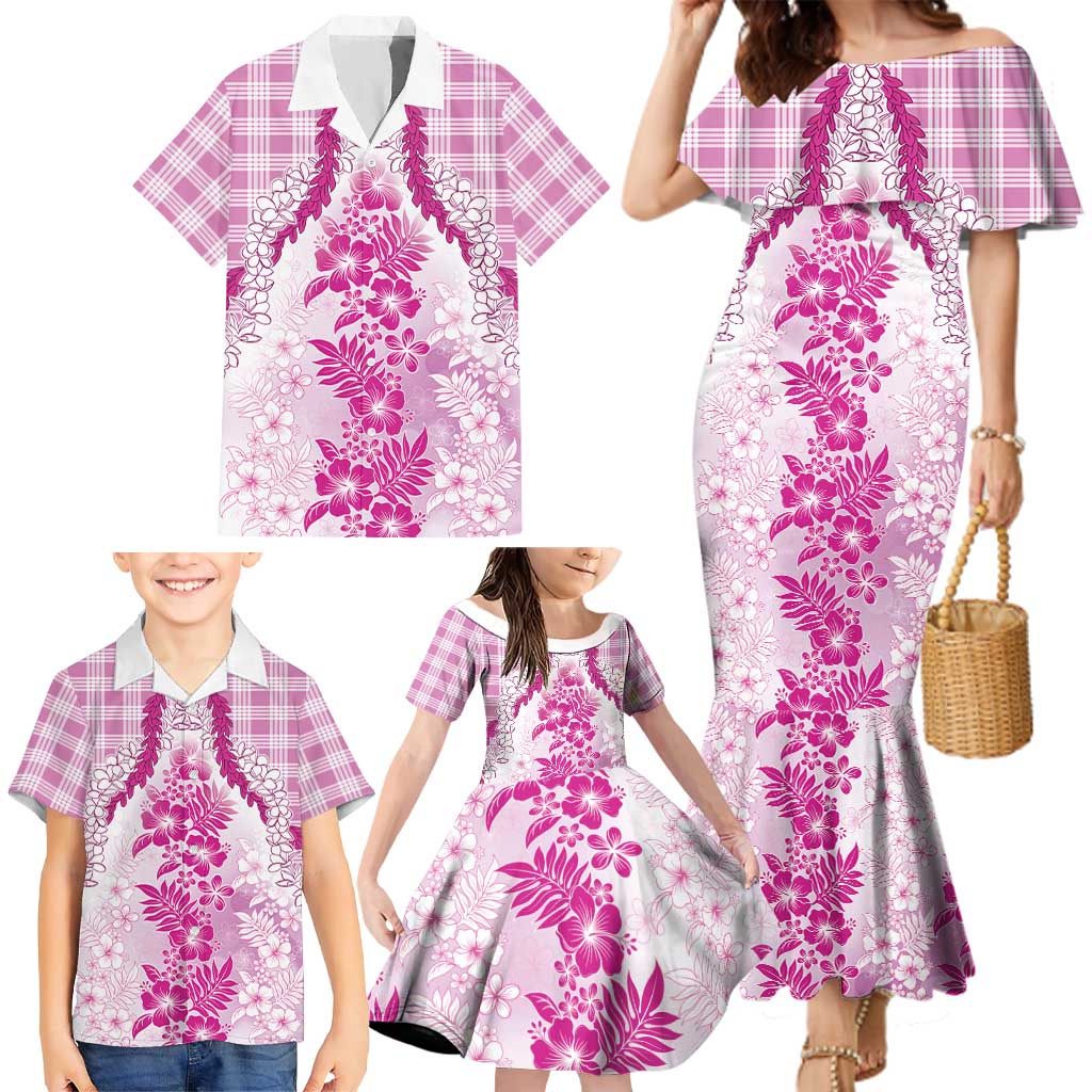 Aloha Hawaii Palaka Family Matching Mermaid Dress and Hawaiian Shirt Pink Plumeria Lei LT05 - Polynesian Pride