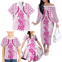 Aloha Hawaii Palaka Family Matching Off The Shoulder Long Sleeve Dress and Hawaiian Shirt Pink Plumeria Lei LT05 - Polynesian Pride