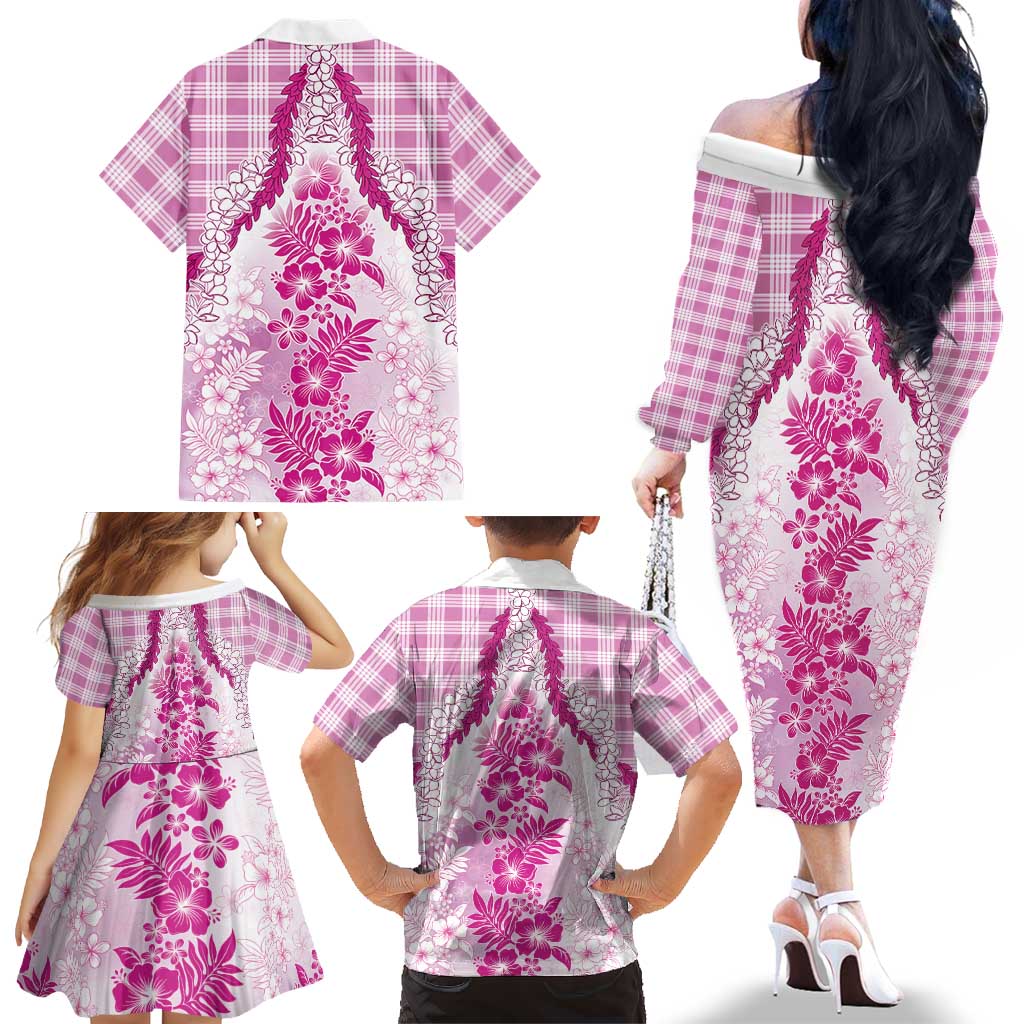 Aloha Hawaii Palaka Family Matching Off The Shoulder Long Sleeve Dress and Hawaiian Shirt Pink Plumeria Lei LT05 - Polynesian Pride