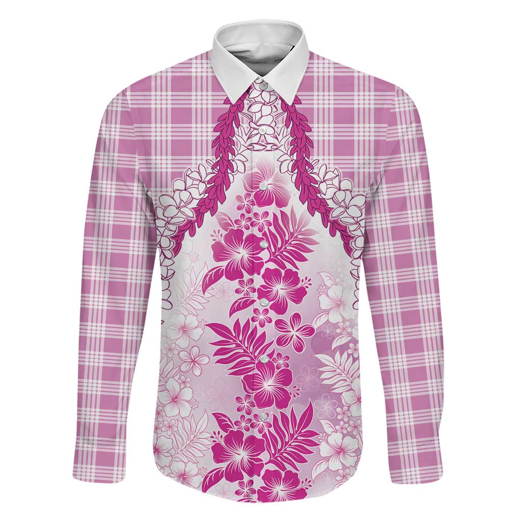Aloha Hawaii Palaka Family Matching Off The Shoulder Long Sleeve Dress and Hawaiian Shirt Pink Plumeria Lei LT05 Dad's Shirt - Long Sleeve Pink - Polynesian Pride