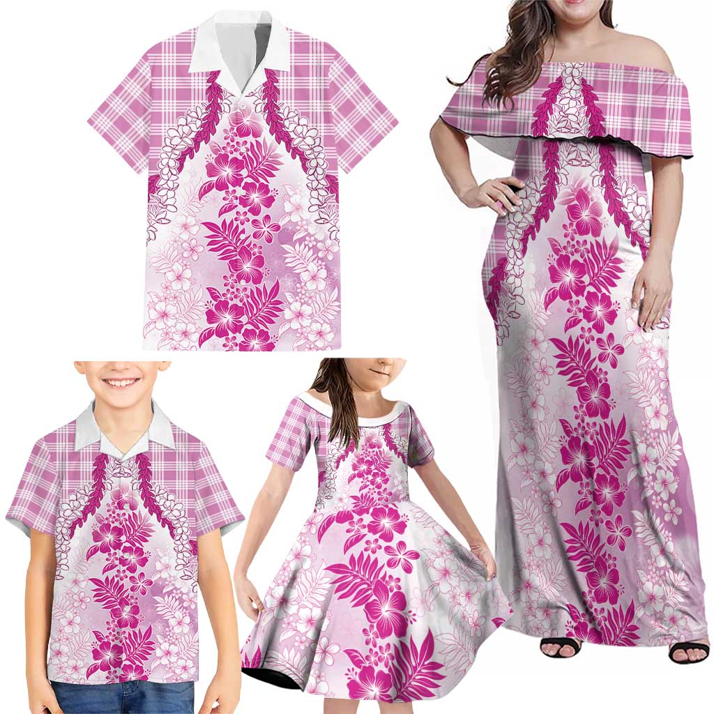 Aloha Hawaii Palaka Family Matching Off Shoulder Maxi Dress and Hawaiian Shirt Pink Plumeria Lei - Polynesian Pride
