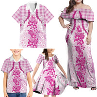 Aloha Hawaii Palaka Family Matching Off Shoulder Maxi Dress and Hawaiian Shirt Pink Plumeria Lei LT05 - Polynesian Pride