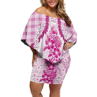 Aloha Hawaii Palaka Family Matching Off Shoulder Short Dress and Hawaiian Shirt Pink Plumeria Lei LT05 Mom's Dress Pink - Polynesian Pride