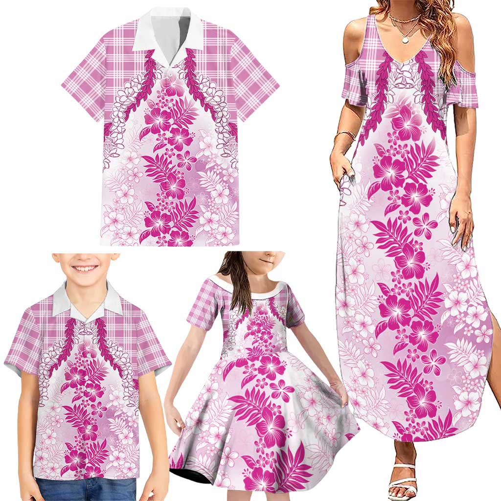 Aloha Hawaii Palaka Family Matching Summer Maxi Dress and Hawaiian Shirt Pink Plumeria Lei LT05 - Polynesian Pride