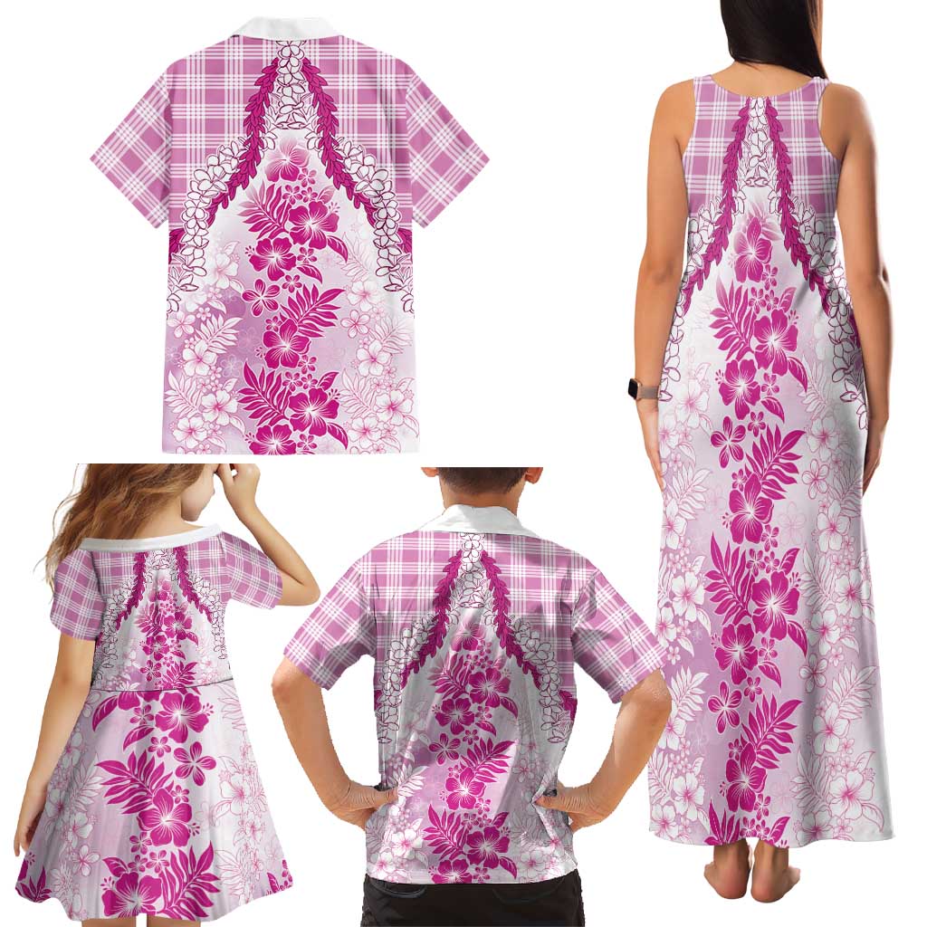 Aloha Hawaii Palaka Family Matching Tank Maxi Dress and Hawaiian Shirt Pink Plumeria Lei LT05 - Polynesian Pride