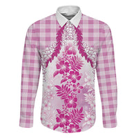 Aloha Hawaii Palaka Family Matching Tank Maxi Dress and Hawaiian Shirt Pink Plumeria Lei LT05 Dad's Shirt - Long Sleeve Pink - Polynesian Pride