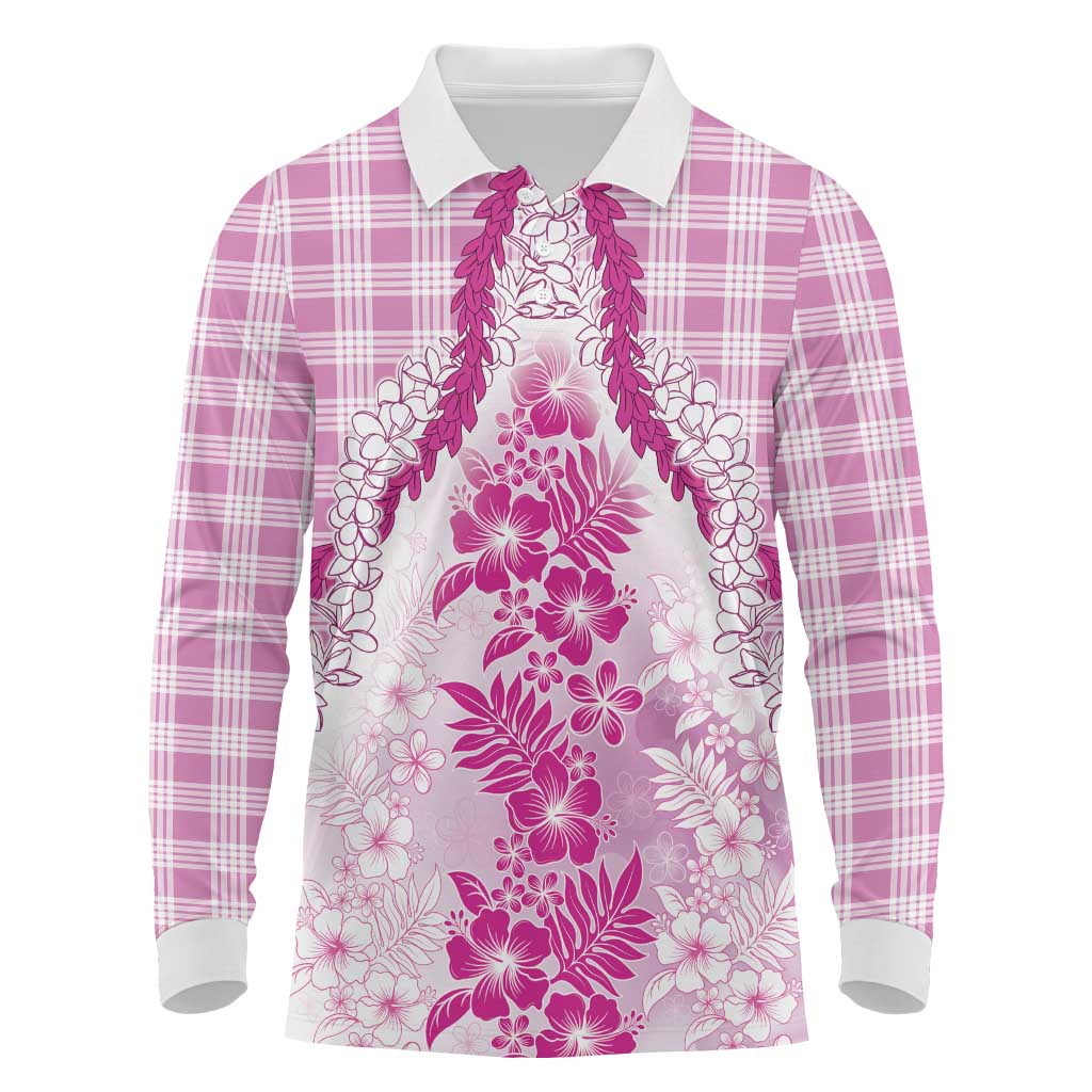 Aloha Hawaii Palaka Long Sleeve Polo Shirt Pink Plumeria Lei LT05 Pink - Polynesian Pride