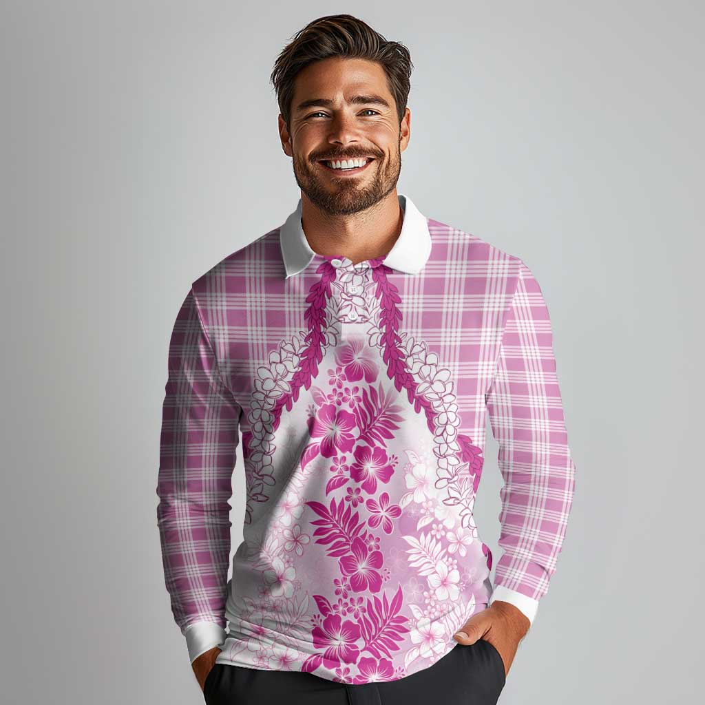 Aloha Hawaii Palaka Long Sleeve Polo Shirt Pink Plumeria Lei LT05 - Polynesian Pride