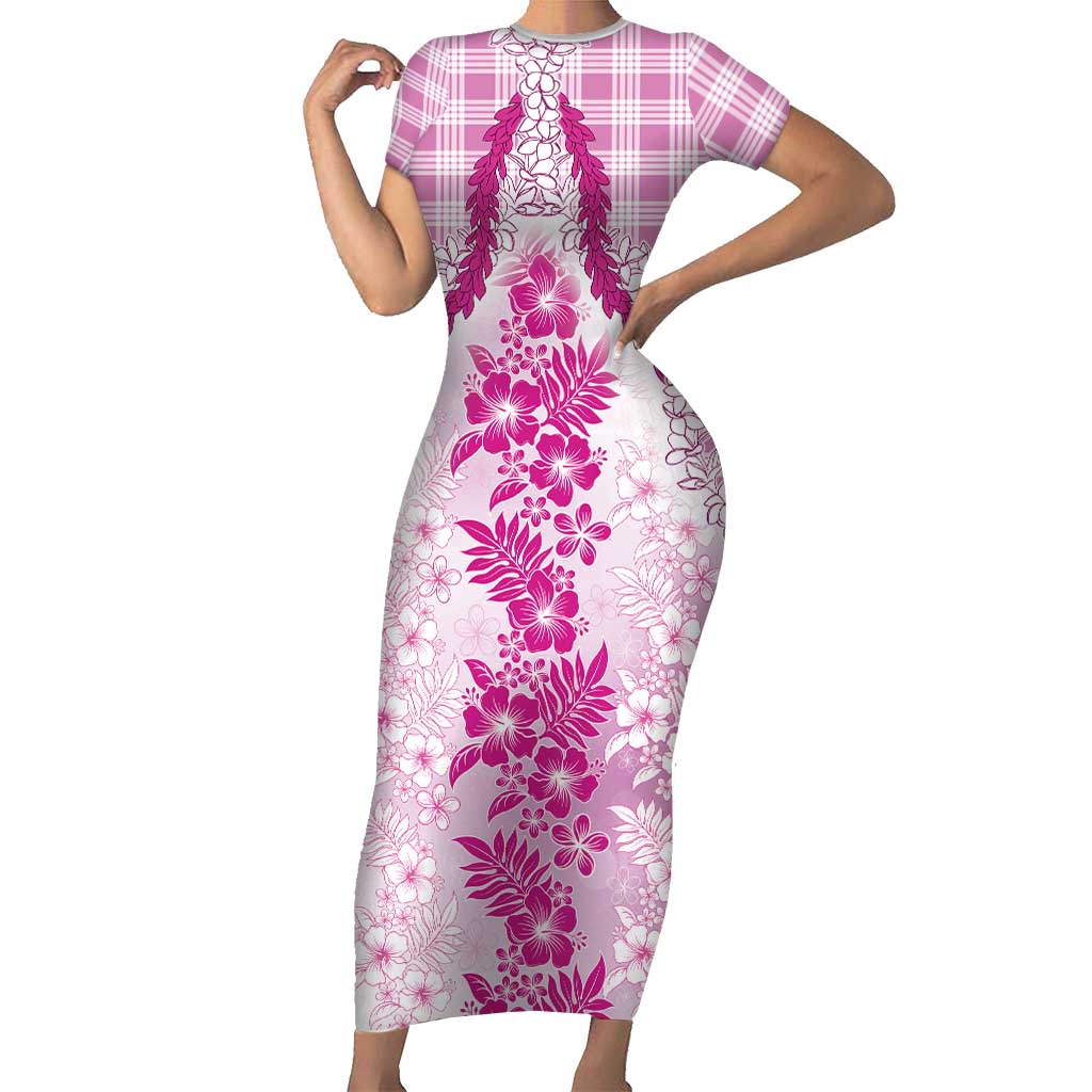Aloha Hawaii Palaka Short Sleeve Bodycon Dress Pink Plumeria Lei - Polynesian Pride