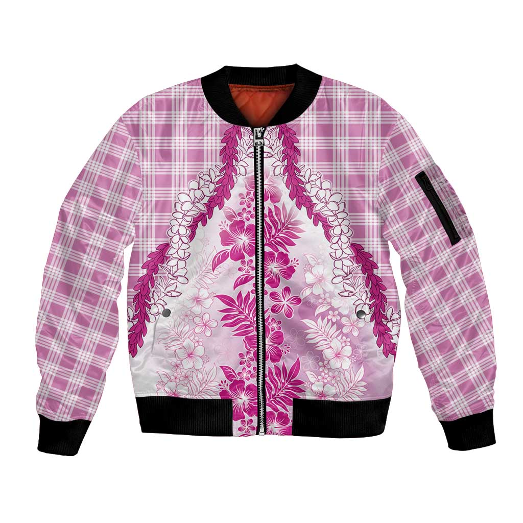 Aloha Hawaii Palaka Sleeve Zip Bomber Jacket Pink Plumeria Lei LT05 Unisex Pink - Polynesian Pride