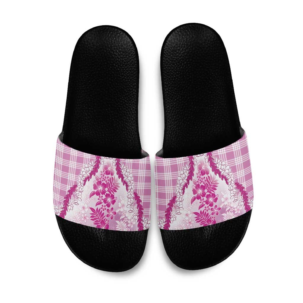 Aloha Hawaii Palaka Slide Sandals Pink Plumeria Lei - Polynesian Pride