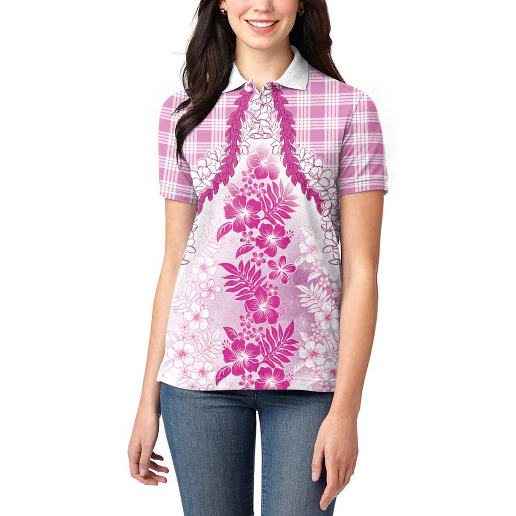 Aloha Hawaii Palaka Women Polo Shirt Pink Plumeria Lei - Polynesian Pride