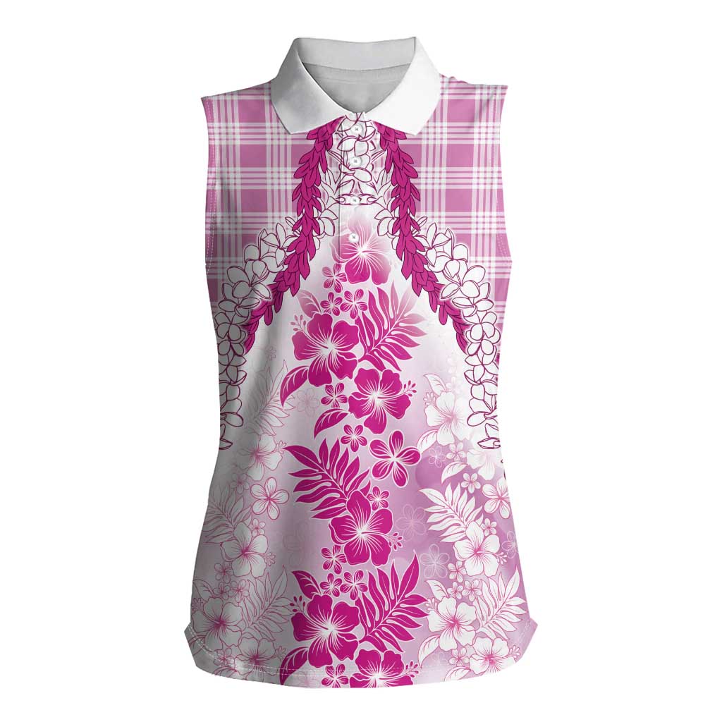 Aloha Hawaii Palaka Women Sleeveless Polo Shirt Pink Plumeria Lei LT05 Female Pink - Polynesian Pride