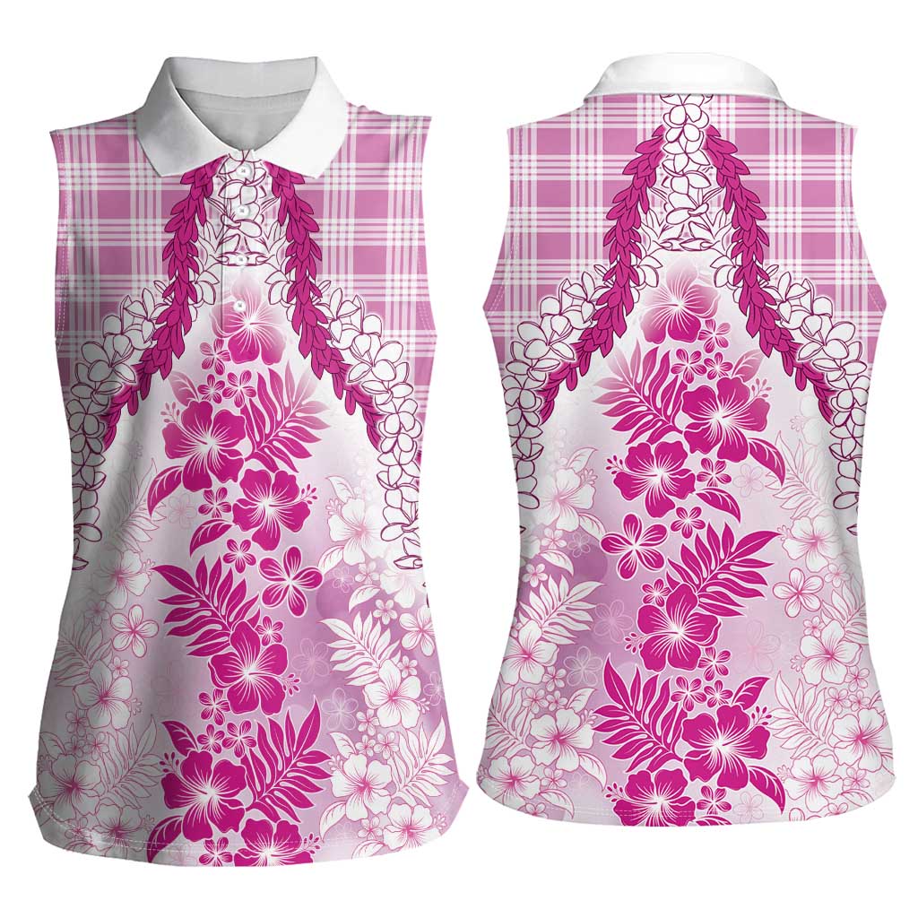 Aloha Hawaii Palaka Women Sleeveless Polo Shirt Pink Plumeria Lei LT05 - Polynesian Pride