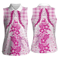 Aloha Hawaii Palaka Women Sleeveless Polo Shirt Pink Plumeria Lei LT05 - Polynesian Pride