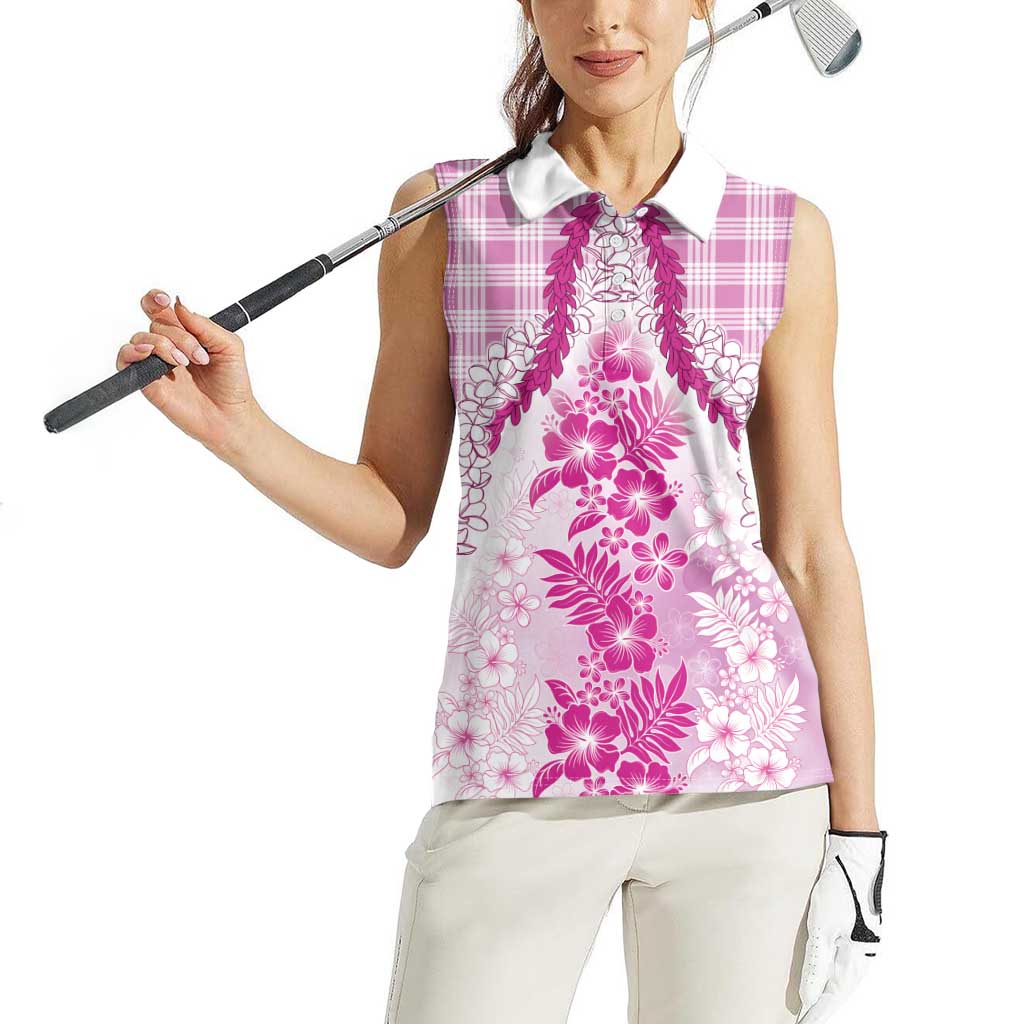 Aloha Hawaii Palaka Women Sleeveless Polo Shirt Pink Plumeria Lei LT05 - Polynesian Pride