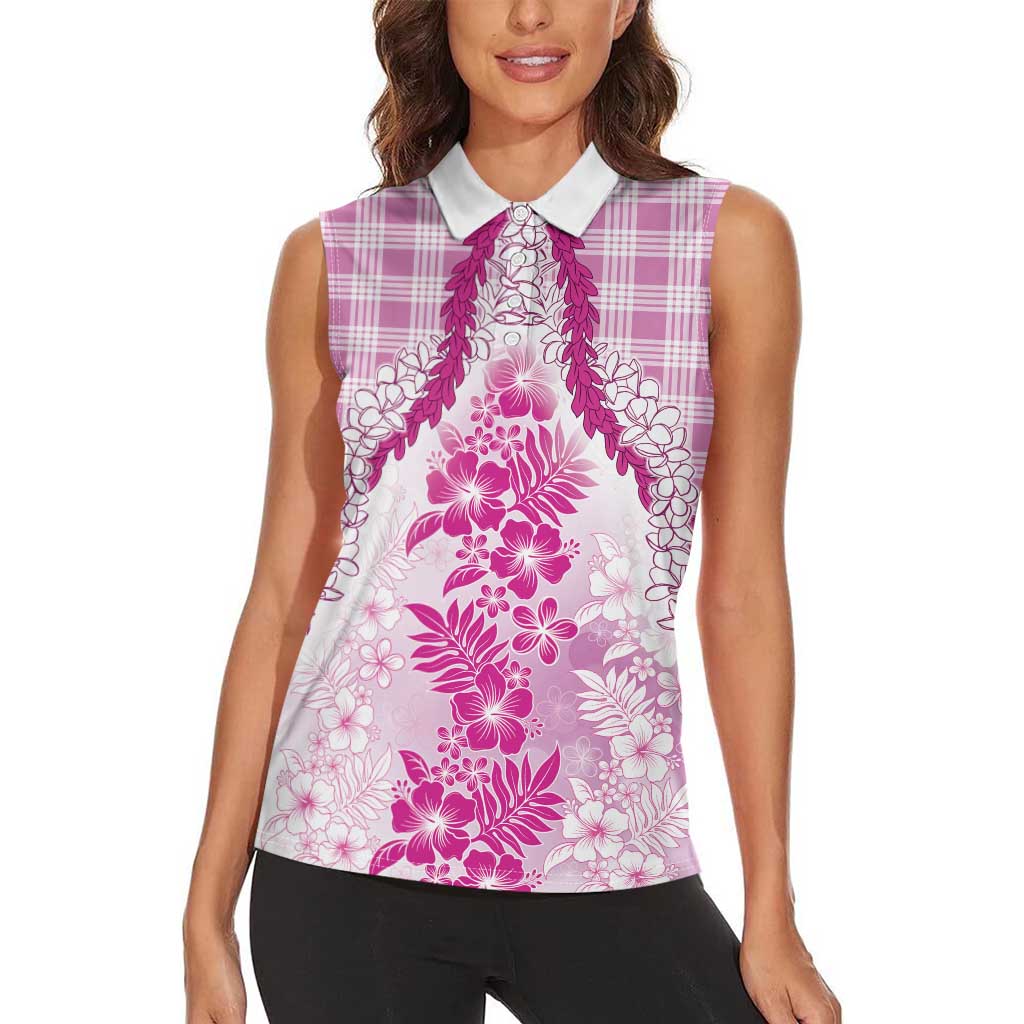 Aloha Hawaii Palaka Women Sleeveless Polo Shirt Pink Plumeria Lei LT05 - Polynesian Pride