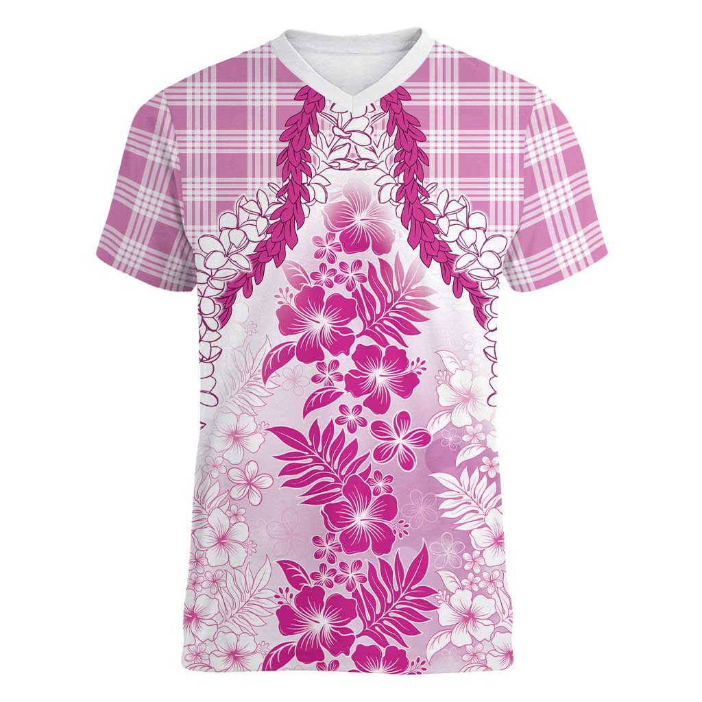 Aloha Hawaii Palaka Women V-Neck T-Shirt Pink Plumeria Lei LT05 Female Pink - Polynesian Pride