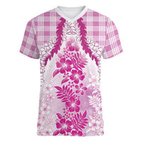 Aloha Hawaii Palaka Women V-Neck T-Shirt Pink Plumeria Lei LT05 Female Pink - Polynesian Pride