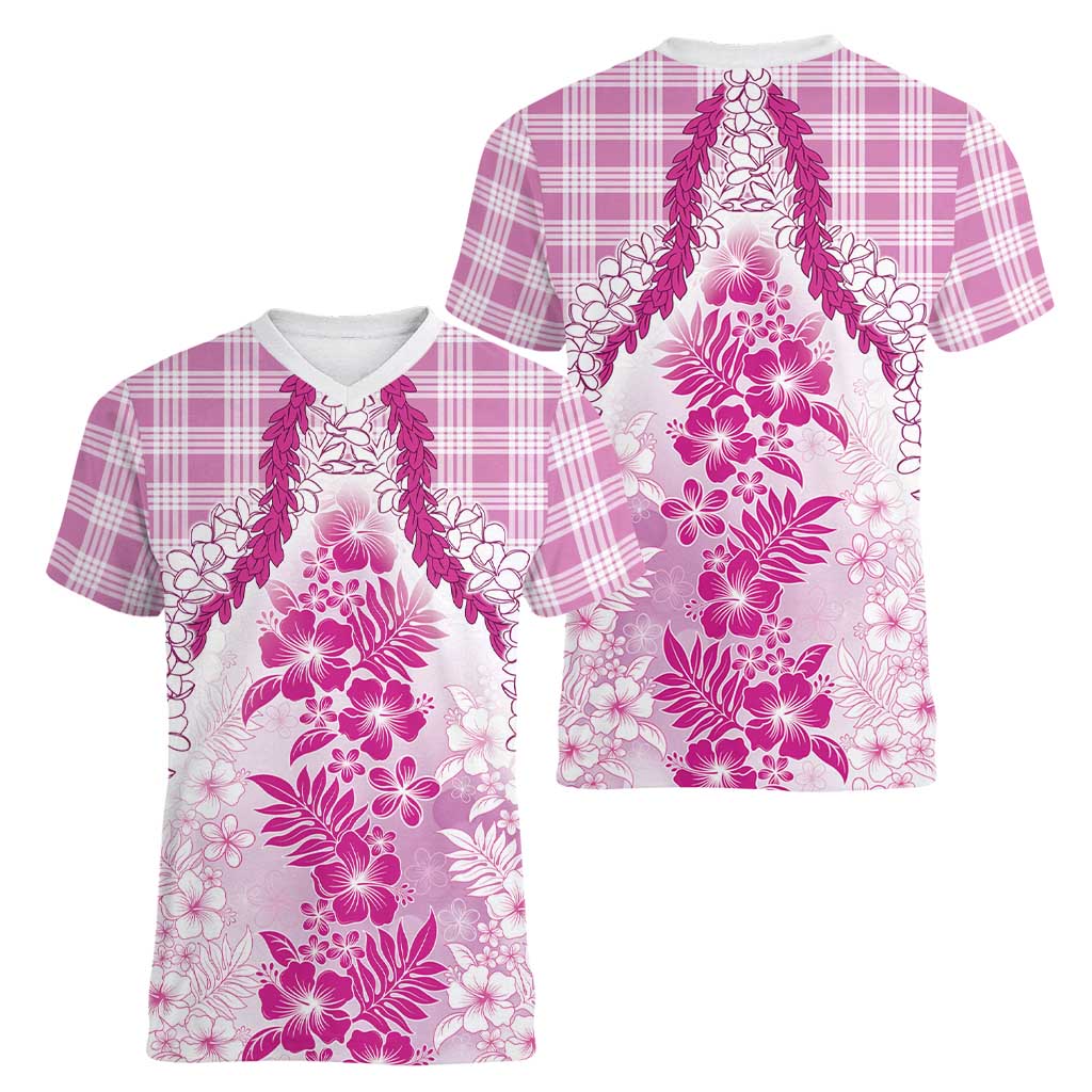 Aloha Hawaii Palaka Women V-Neck T-Shirt Pink Plumeria Lei LT05 - Polynesian Pride