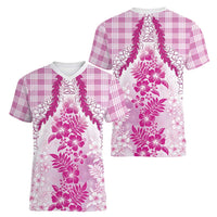 Aloha Hawaii Palaka Women V-Neck T-Shirt Pink Plumeria Lei LT05 - Polynesian Pride