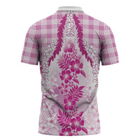 Aloha Hawaii Palaka Zipper Polo Shirt Pink Plumeria Lei - Polynesian Pride