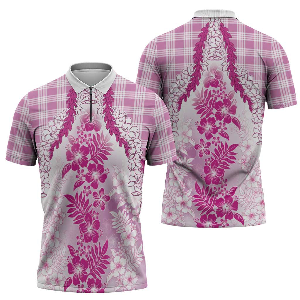 Aloha Hawaii Palaka Zipper Polo Shirt Pink Plumeria Lei - Polynesian Pride