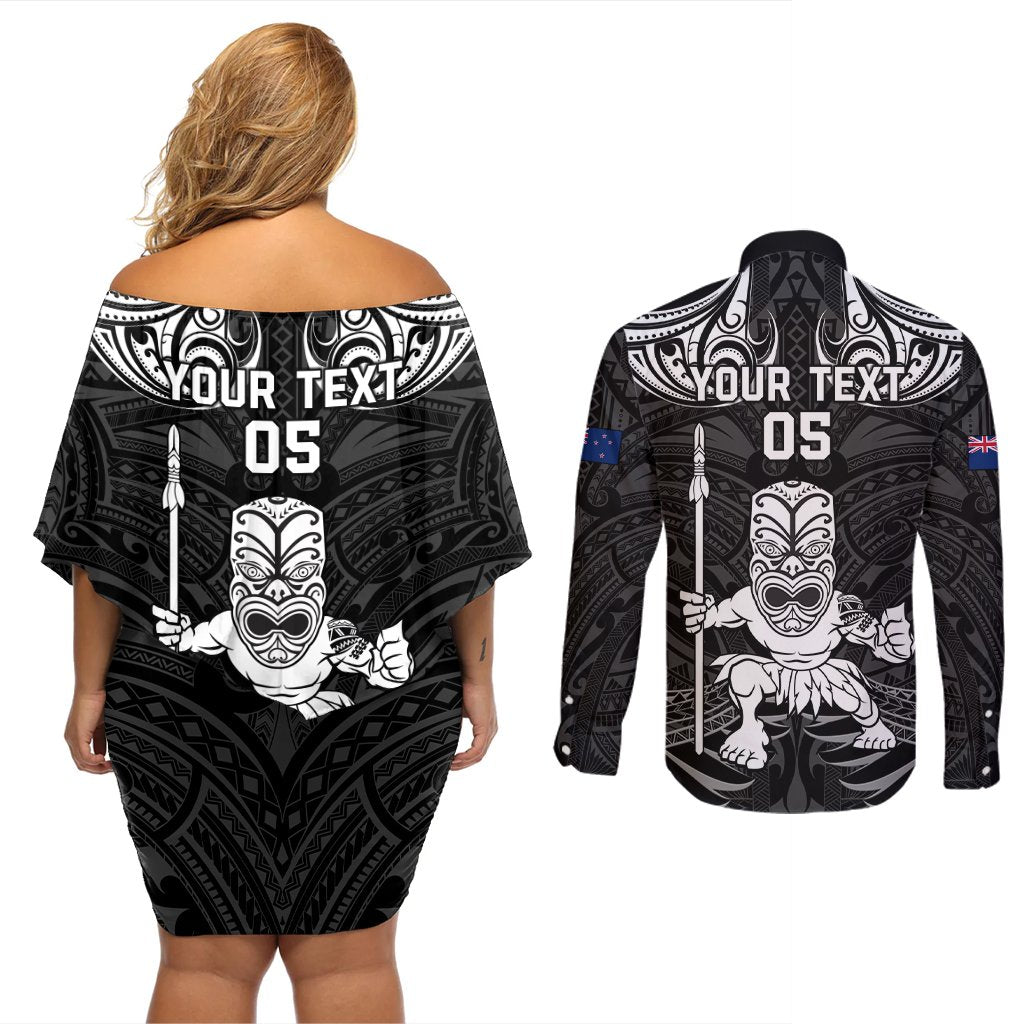 Custom New Zealand Maori Taiaha Couples Matching Off Shoulder Short Dress and Long Sleeve Button Shirt Tiki Warrior Black LT05 - Polynesian Pride