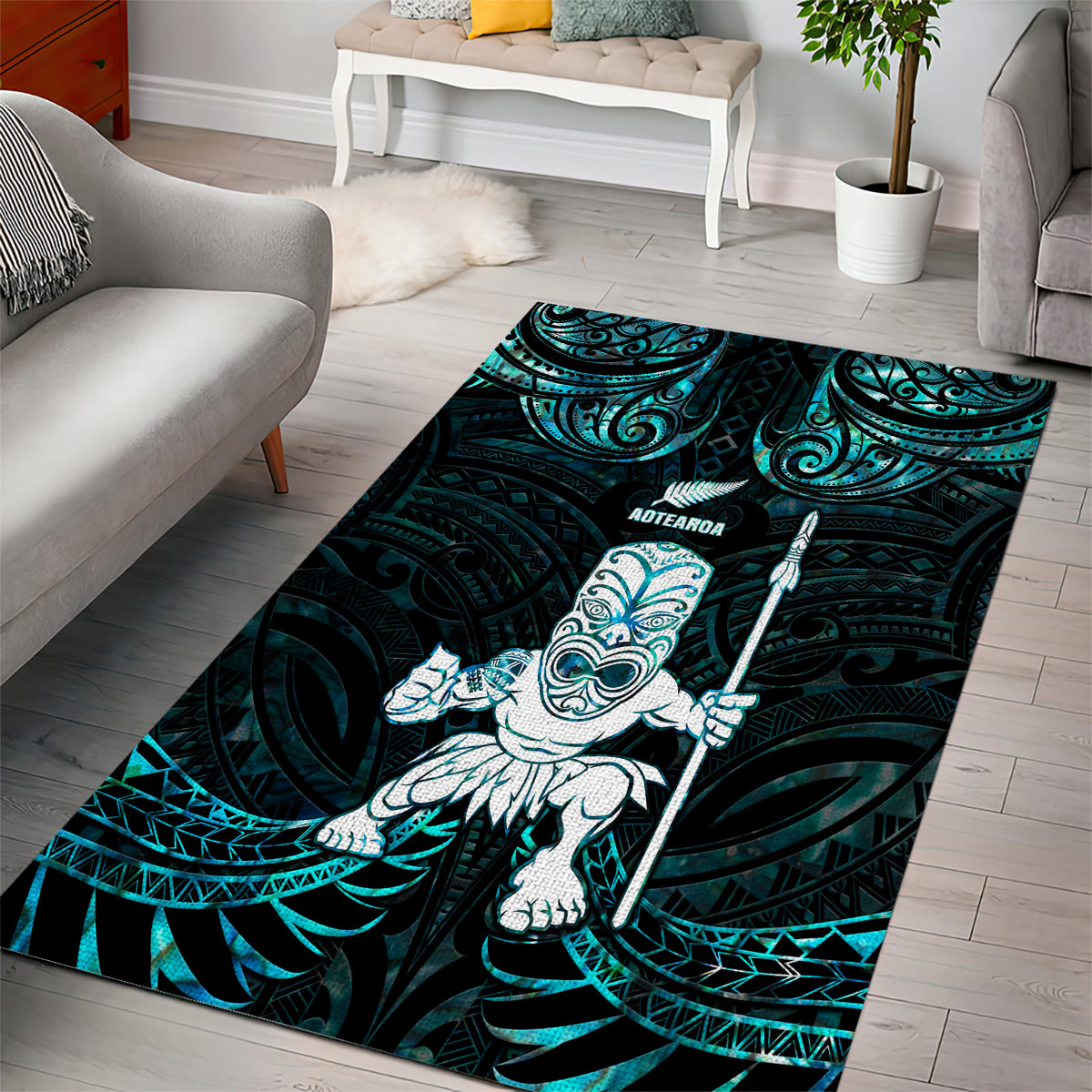 New Zealand Maori Taiaha Area Rug Tiki Warrior Paua Shell LT05 - Polynesian Pride