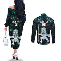 Custom New Zealand Maori Taiaha Couples Matching Off The Shoulder Long Sleeve Dress and Long Sleeve Button Shirt Tiki Warrior Paua Shell LT05 - Polynesian Pride