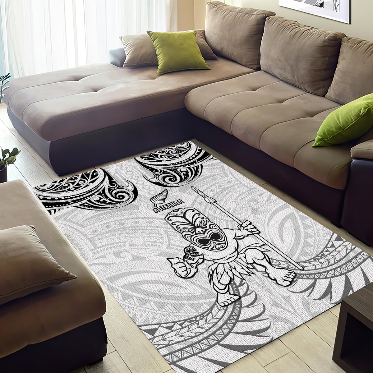 New Zealand Maori Taiaha Area Rug Tiki Warrior White LT05 - Polynesian Pride