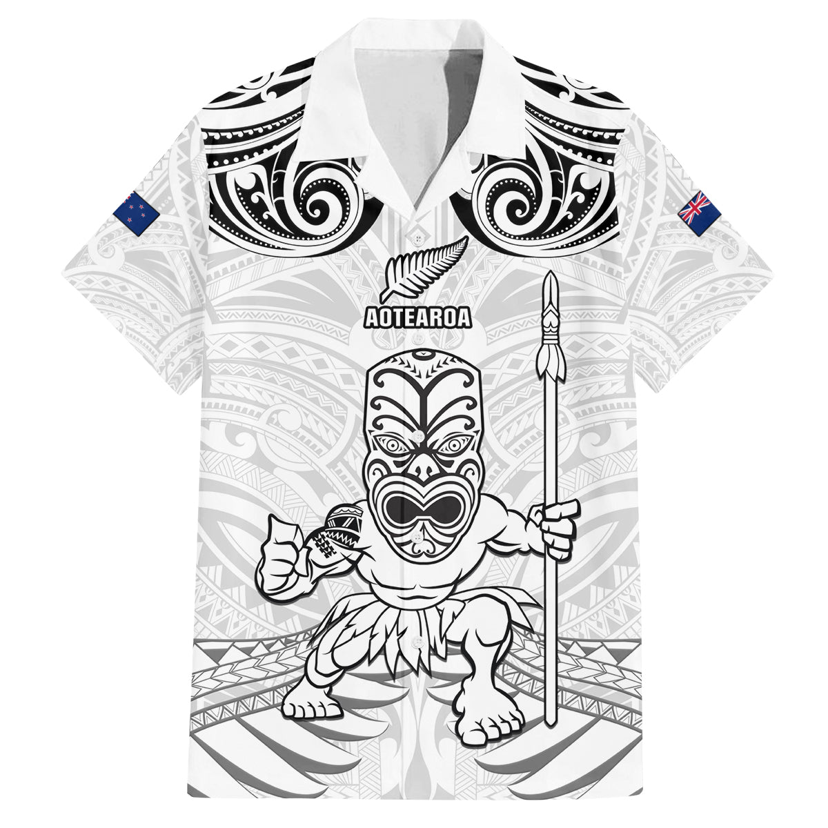 Custom New Zealand Maori Taiaha Family Matching Off Shoulder Maxi Dress and Hawaiian Shirt Tiki Warrior White LT05 Dad's Shirt - Short Sleeve White - Polynesian Pride