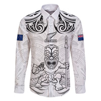 Custom New Zealand Maori Taiaha Family Matching Tank Maxi Dress and Hawaiian Shirt Tiki Warrior White LT05 Dad's Shirt - Long Sleeve White - Polynesian Pride