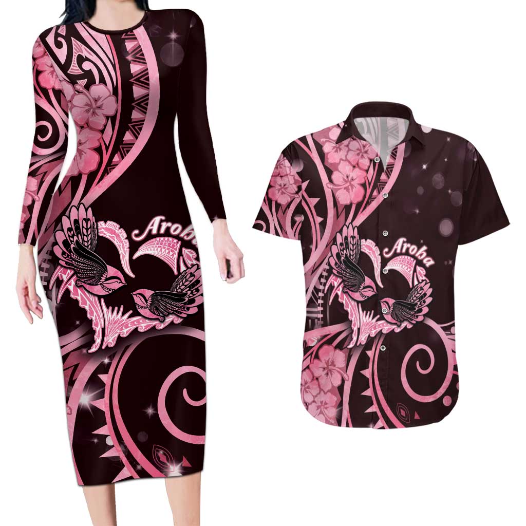 New Zealand Valentine Couples Matching Long Sleeve Bodycon Dress and Hawaiian Shirt Aroha Sweet Pink Piwakawaka LT05 Pink - Polynesian Pride