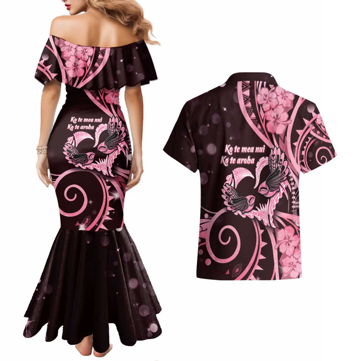 New Zealand Valentine Couples Matching Mermaid Dress and Hawaiian Shirt Aroha Sweet Pink Piwakawaka LT05 - Polynesian Pride