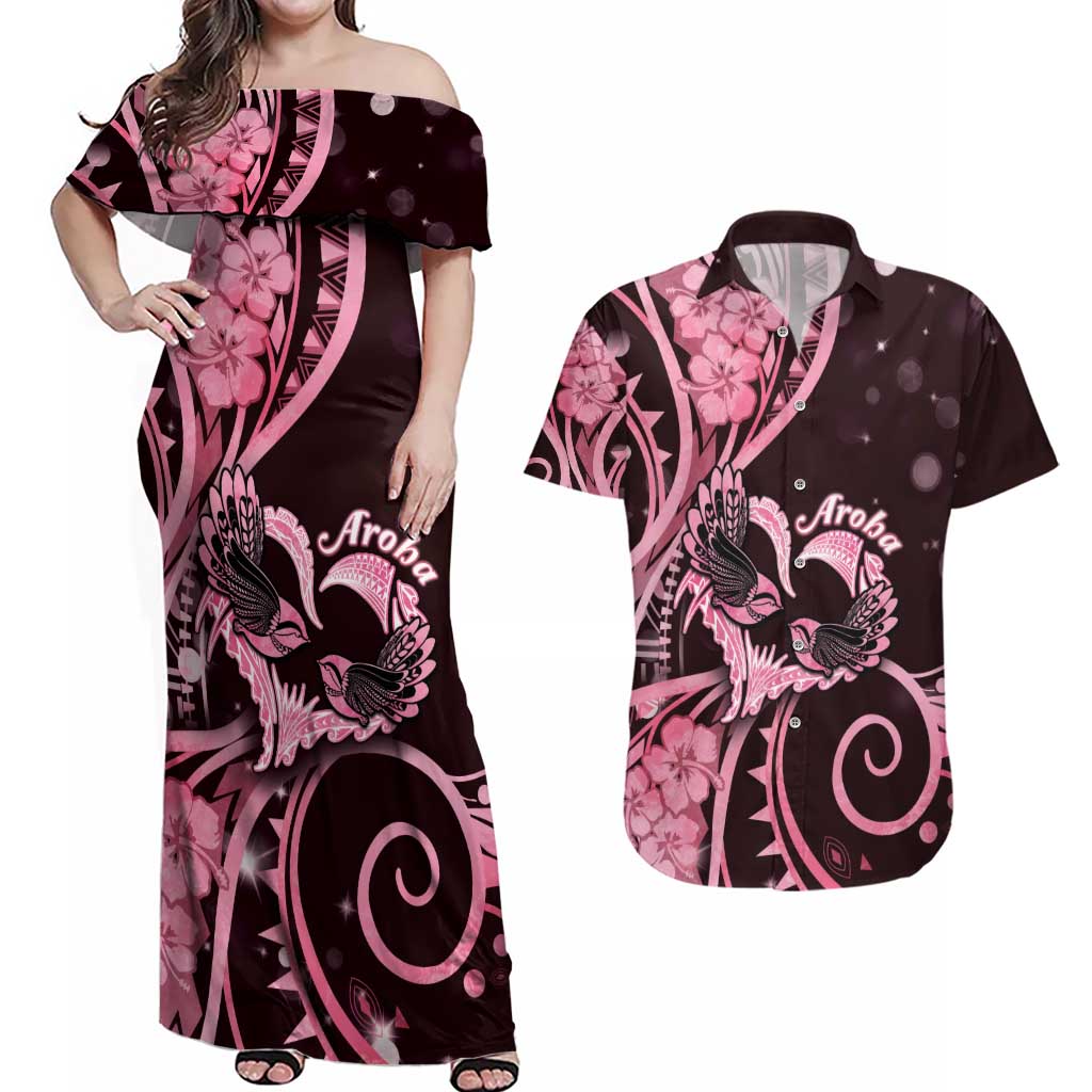 New Zealand Valentine Couples Matching Off Shoulder Maxi Dress and Hawaiian Shirt Aroha Sweet Pink Piwakawaka LT05 Pink - Polynesian Pride
