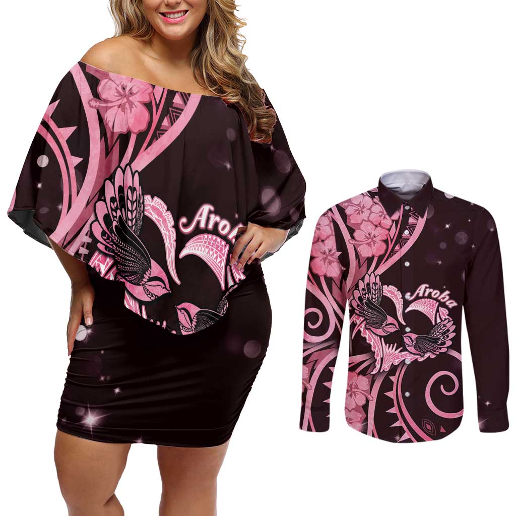 New Zealand Valentine Couples Matching Off Shoulder Short Dress and Long Sleeve Button Shirt Aroha Sweet Pink Piwakawaka LT05 Pink - Polynesian Pride