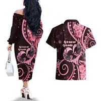 New Zealand Valentine Couples Matching Off The Shoulder Long Sleeve Dress and Hawaiian Shirt Aroha Sweet Pink Piwakawaka LT05 - Polynesian Pride