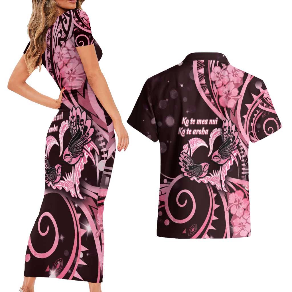 New Zealand Valentine Couples Matching Short Sleeve Bodycon Dress and Hawaiian Shirt Aroha Sweet Pink Piwakawaka LT05 - Polynesian Pride