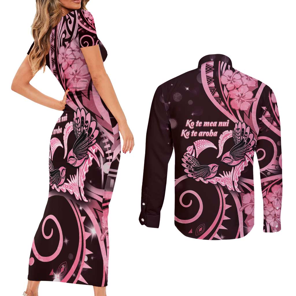 New Zealand Valentine Couples Matching Short Sleeve Bodycon Dress and Long Sleeve Button Shirt Aroha Sweet Pink Piwakawaka LT05 - Polynesian Pride