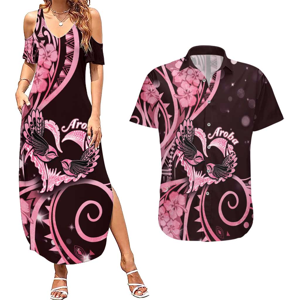 New Zealand Valentine Couples Matching Summer Maxi Dress and Hawaiian Shirt Aroha Sweet Pink Piwakawaka LT05 Pink - Polynesian Pride