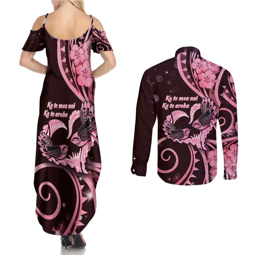 New Zealand Valentine Couples Matching Summer Maxi Dress and Long Sleeve Button Shirt Aroha Sweet Pink Piwakawaka LT05 - Polynesian Pride