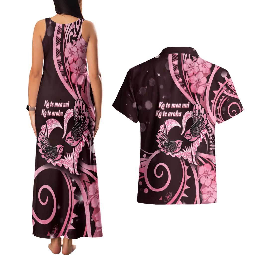 New Zealand Valentine Couples Matching Tank Maxi Dress and Hawaiian Shirt Aroha Sweet Pink Piwakawaka LT05 - Polynesian Pride