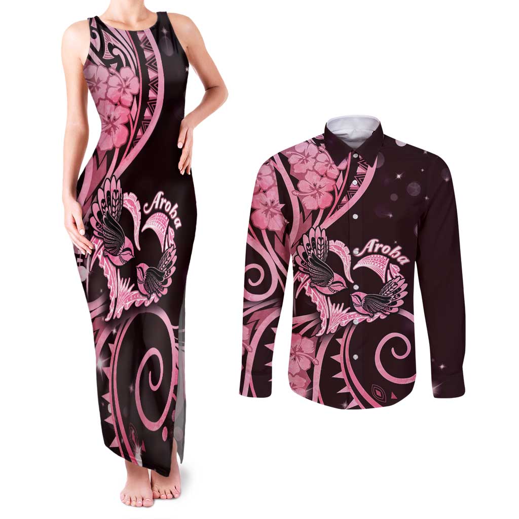 New Zealand Valentine Couples Matching Tank Maxi Dress and Long Sleeve Button Shirt Aroha Sweet Pink Piwakawaka LT05 Pink - Polynesian Pride